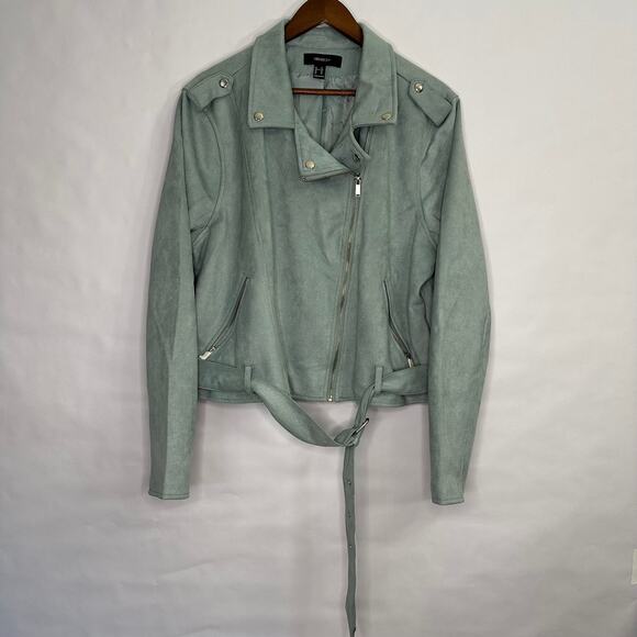 NWOT Forever 21+ Size 2X Mint Blue-Green Faux Suede Motor Jacket - Picture 1 of 14